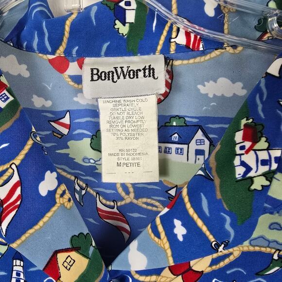 Bon Worth Vtg Nautical Blue Lighthouse Shirt Beachy Coastal Grandmother Aloha MP - Picture 3 of 12